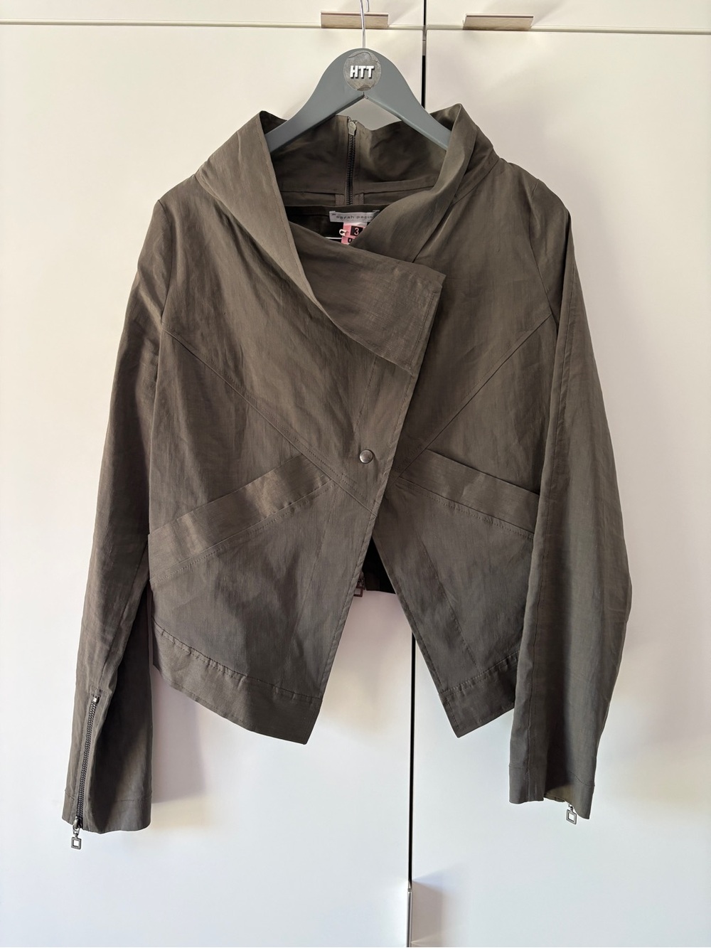 Sarah Pacini Olive Green Asymmetrical Utility Jacket